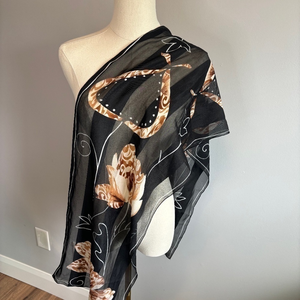 Vintage, Poppy Flowers, Black on Black Stripes, Browned white floral, O/S